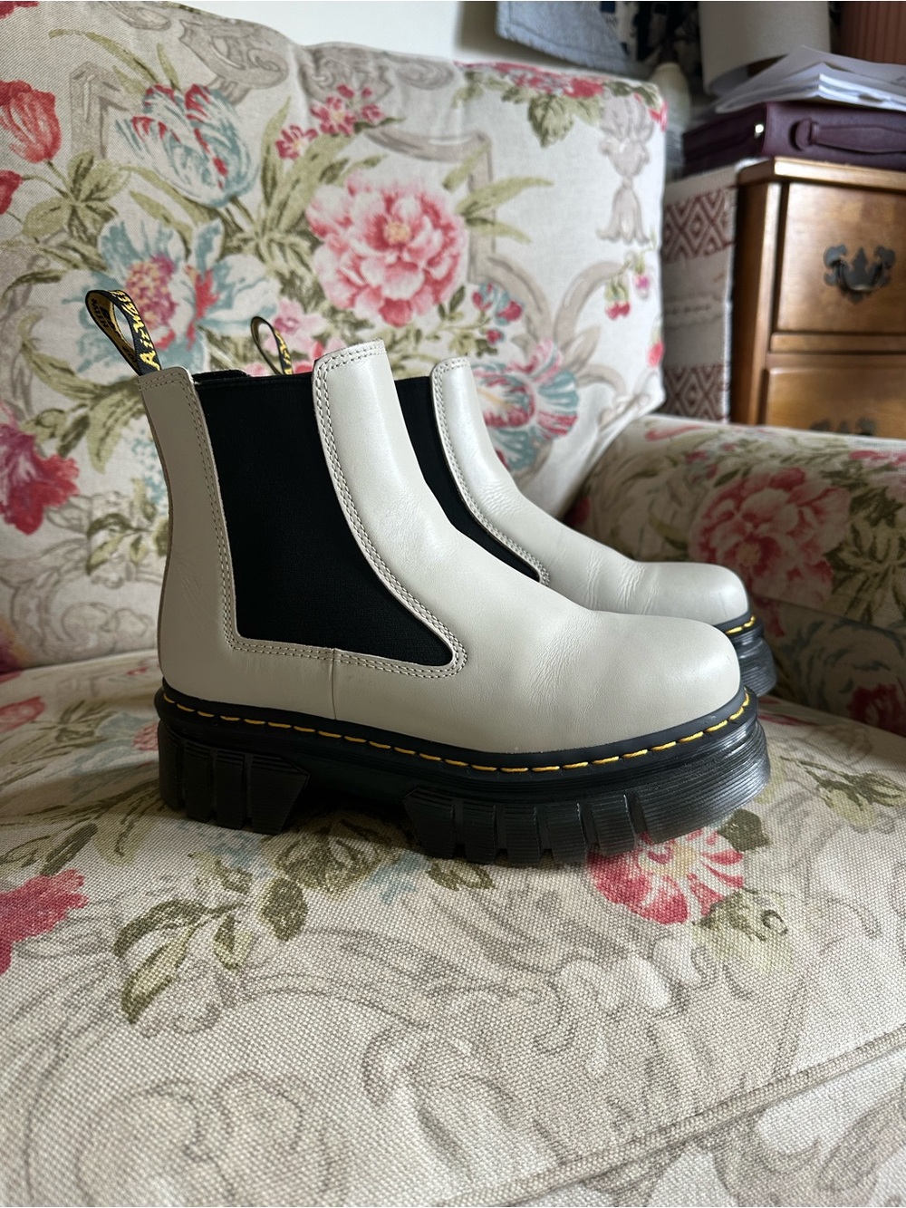 Dr. Martens White Chelsea Boots with Black Elastic Panels